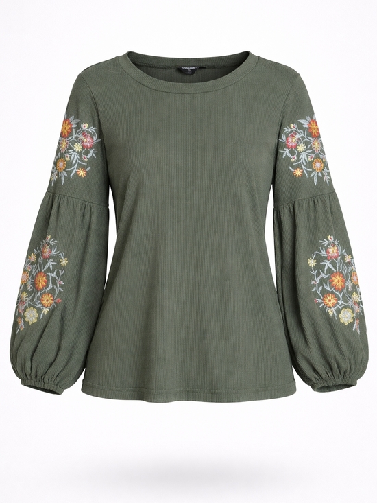 BloomChic Tops - BloomChic Olive Green Balloon Sleeve Embroidered Top